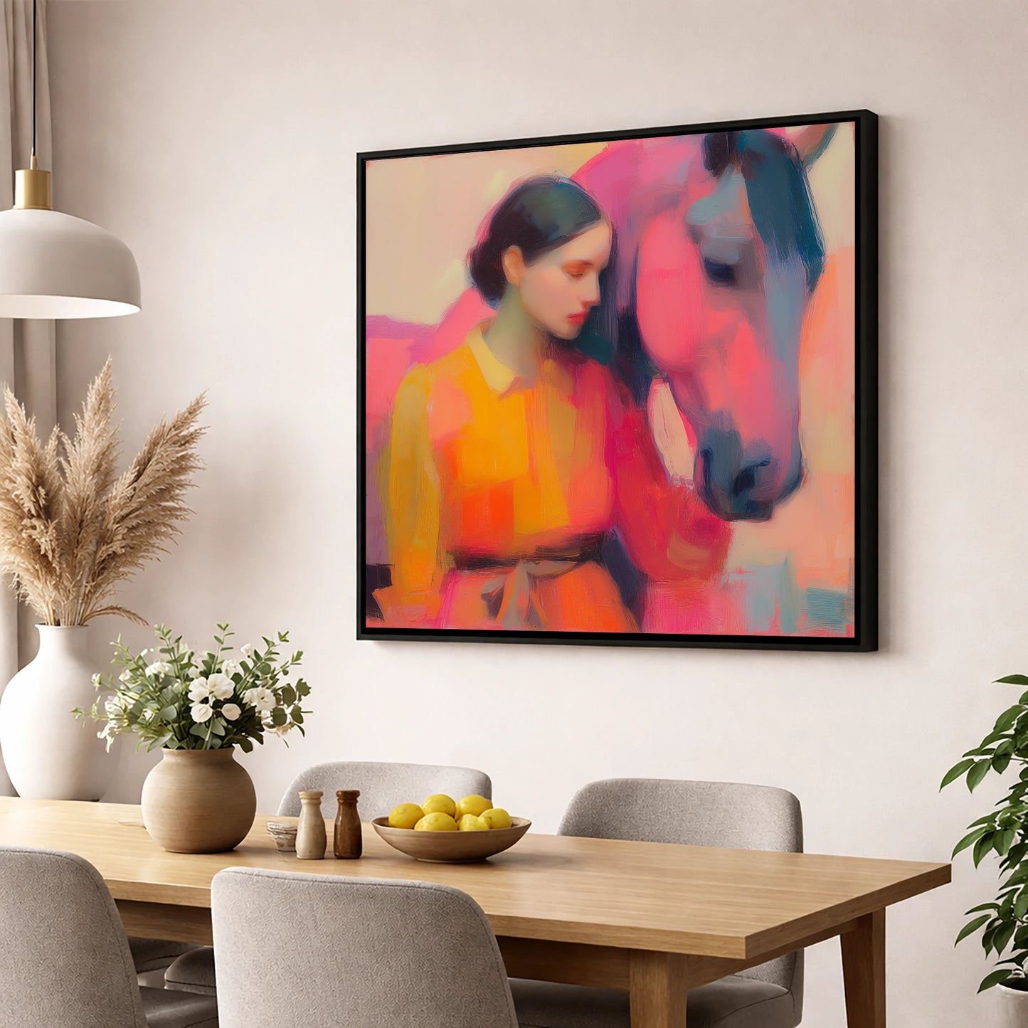 Radiant Bond horse & rider wall art displayed in a dining room