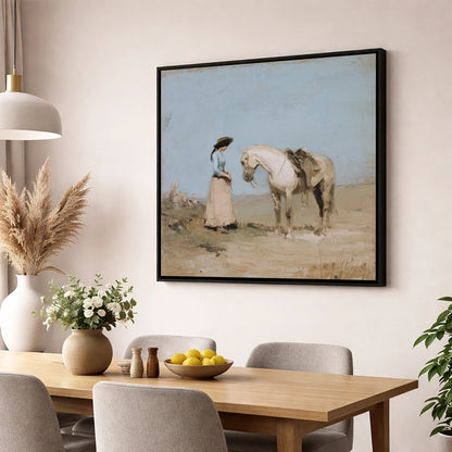 The Waiting Grey horse & rider wall art displayed in a dining room