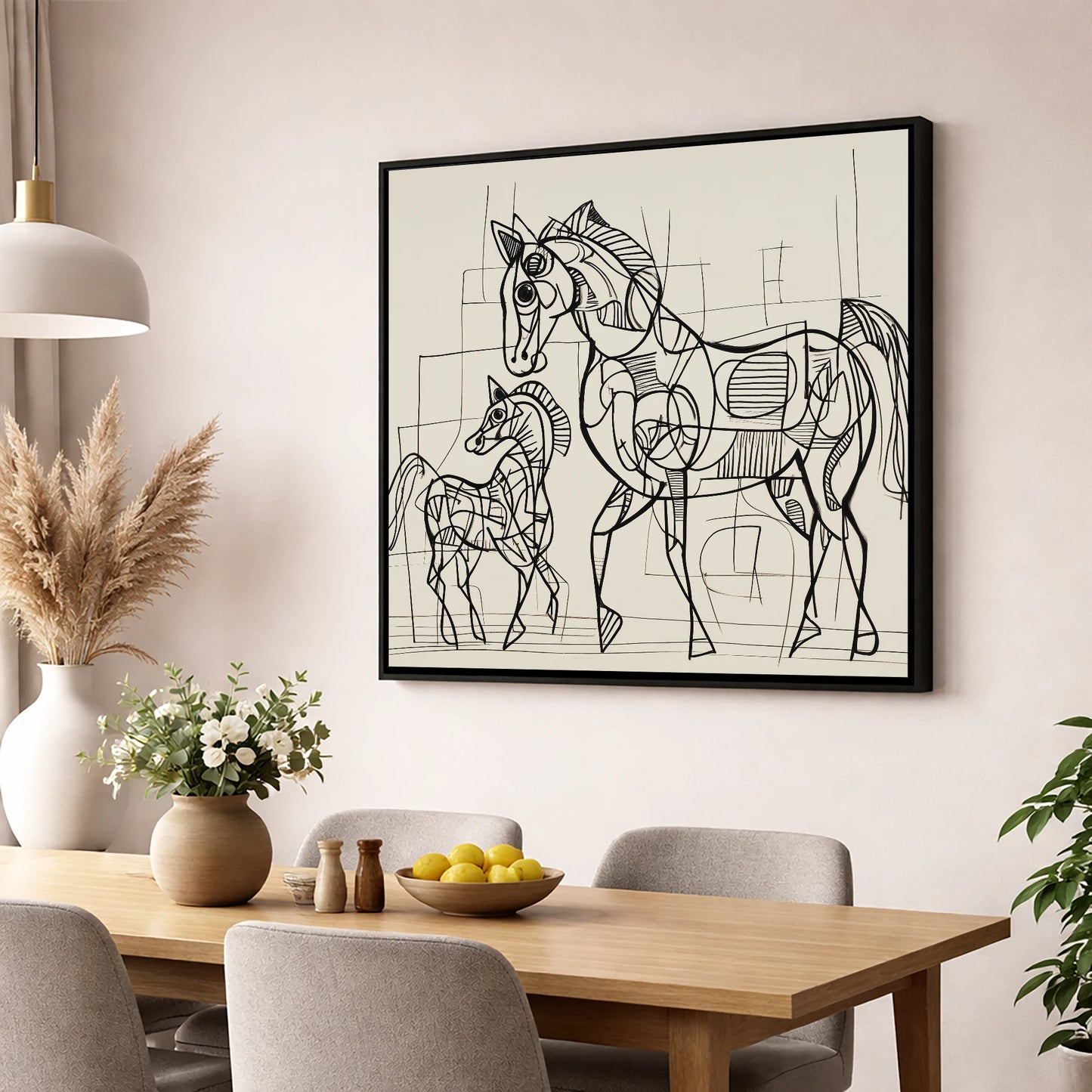 Linear Connection mare & foal wall art displayed in a dining room