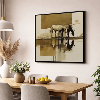 Sepia Reflections wild horses wall art displayed in a dining room
