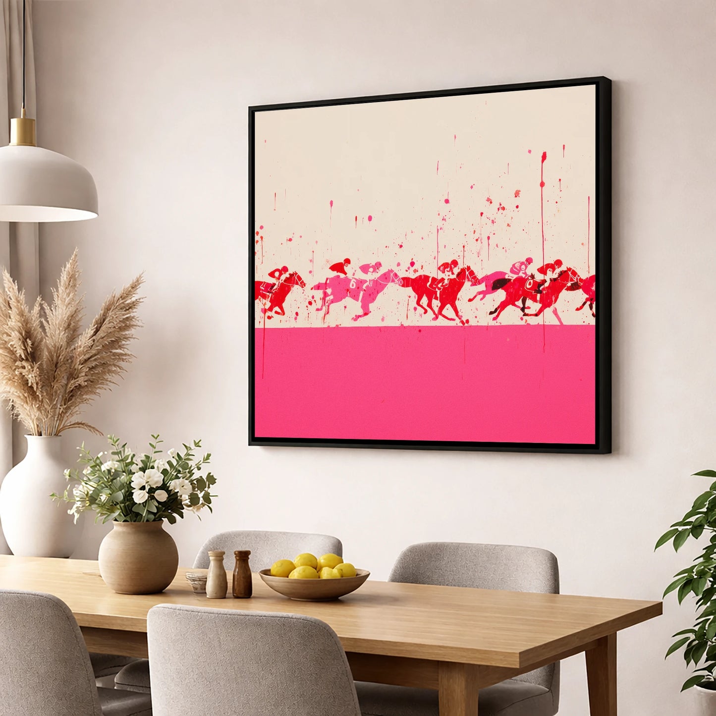 Crimson Surge racing horse wall art displayed in a dining room