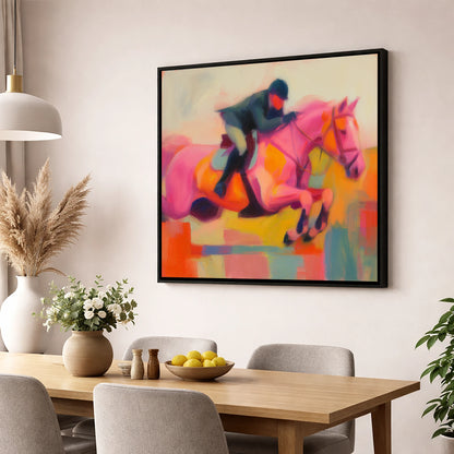 Vivid Ascent show jumping horse wall art displayed in a dining room