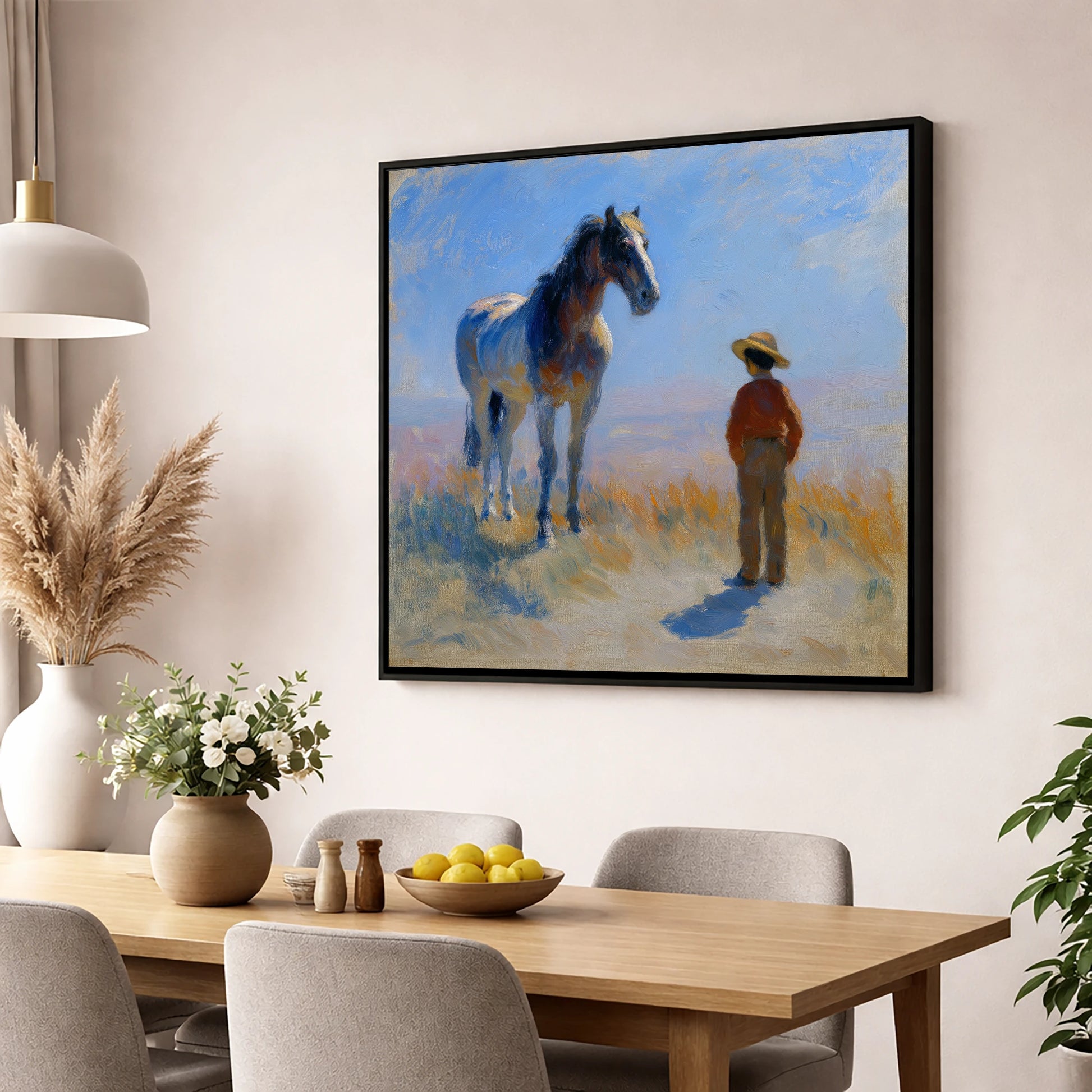 A Quiet Understanding horse & rider wall art displayed in a dining room