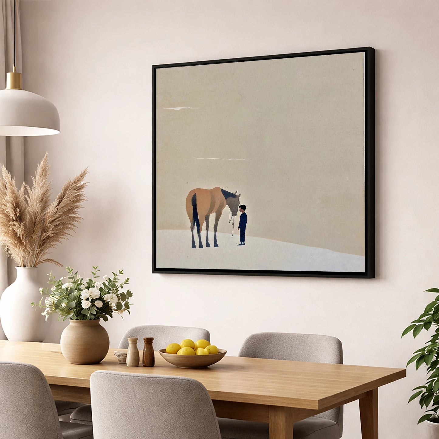 A Quiet Understanding horse & rider wall art displayed in a dining room