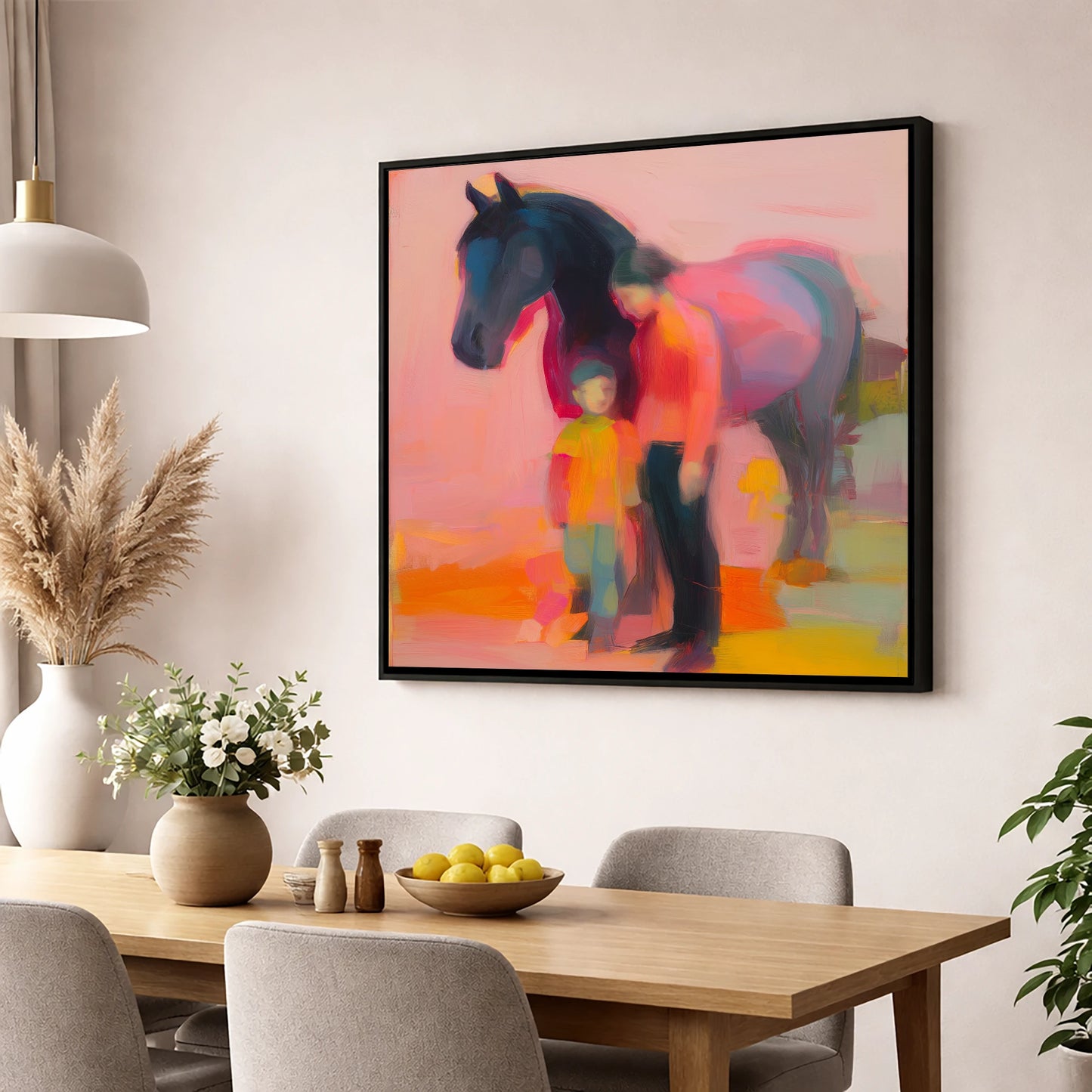 A Vibrant Bond horse & rider wall art displayed in a dining room