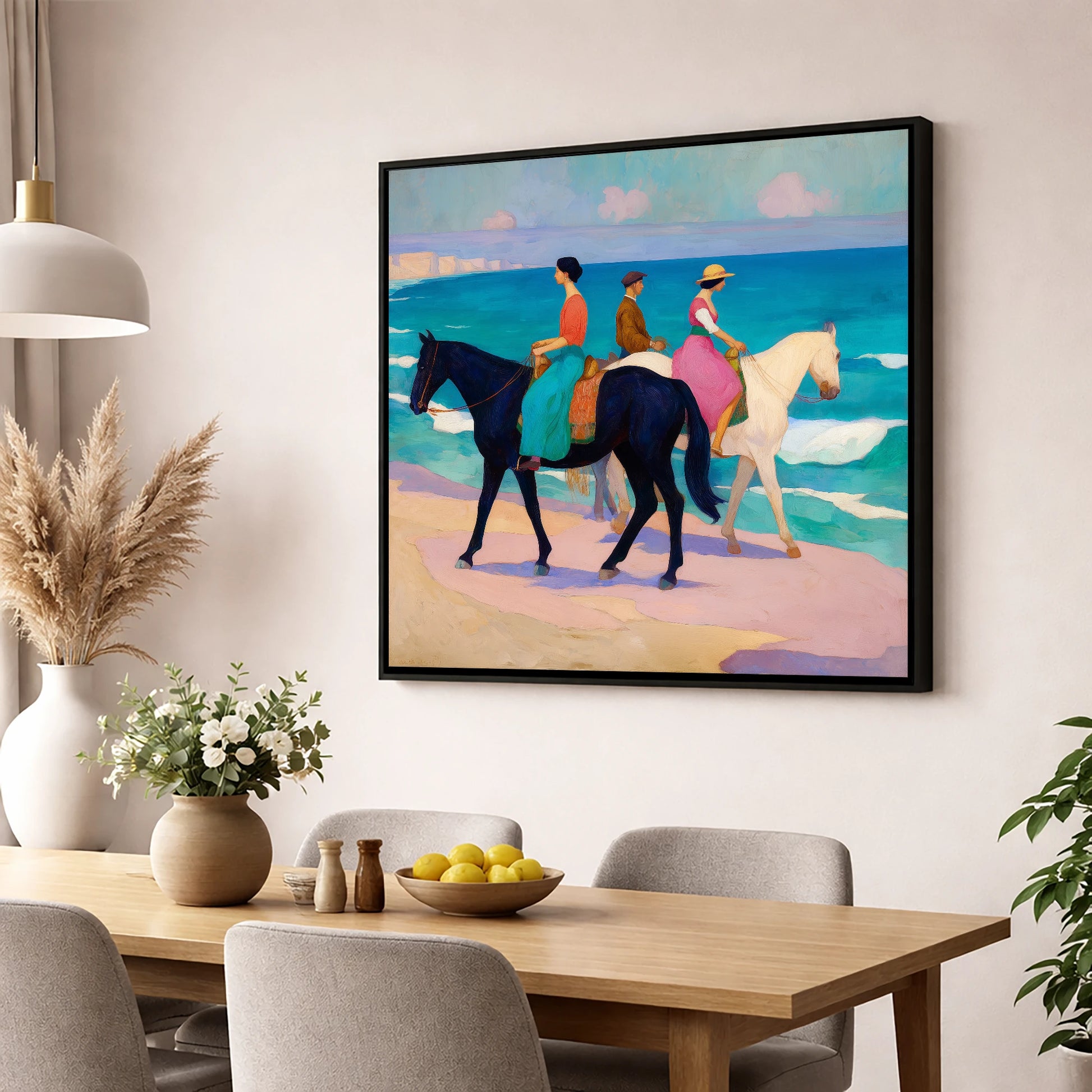 Azure Coastal Hack horse landscape wall art displayed in a dining room