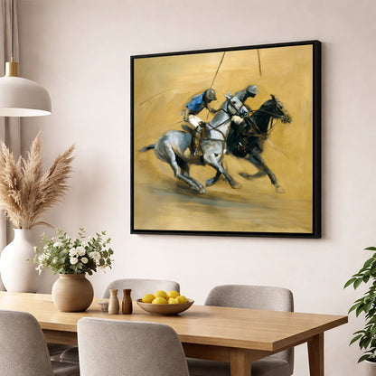 The Ride Off polo horse wall art displayed in a dining room