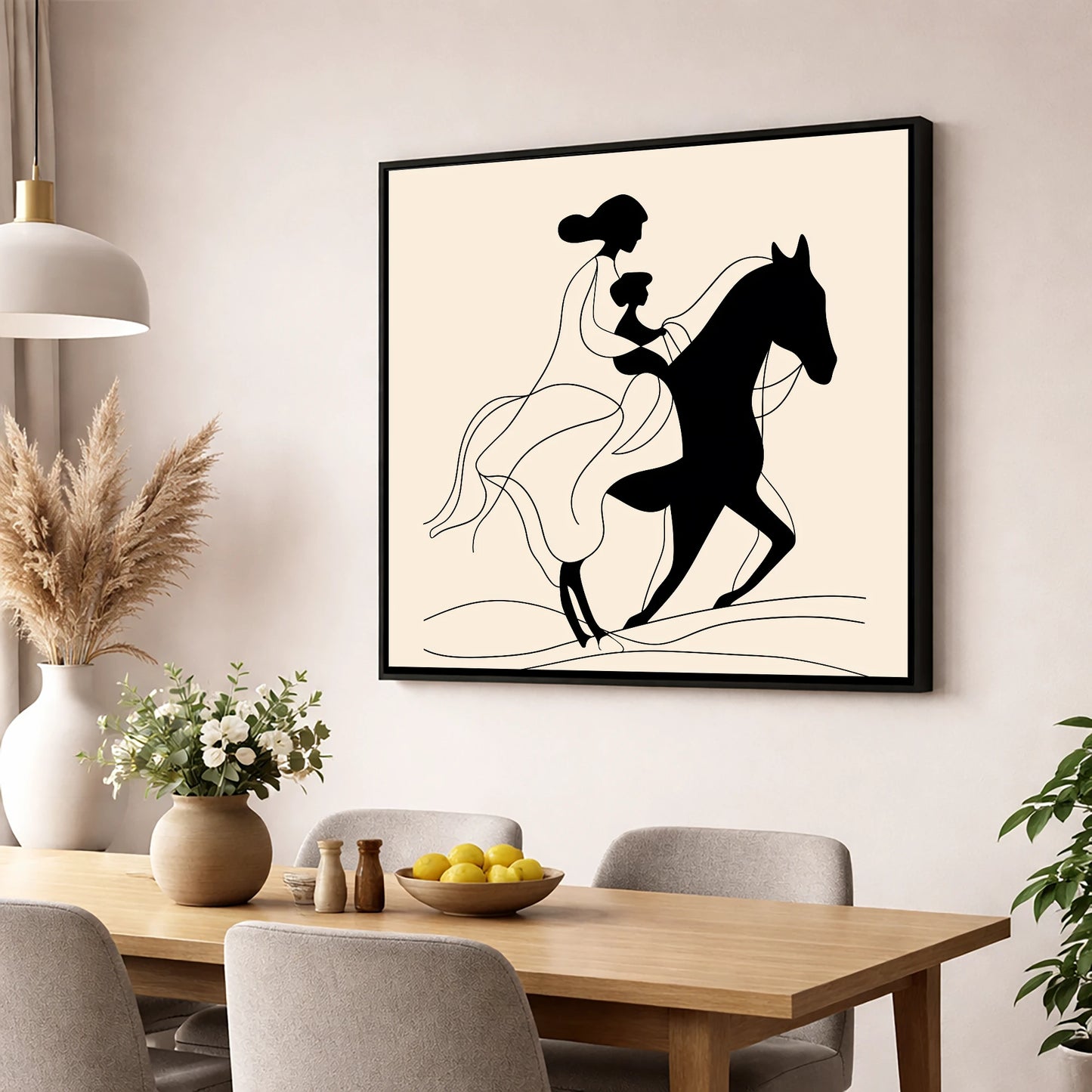 A Shared Journey horse & rider wall art displayed in a dining room