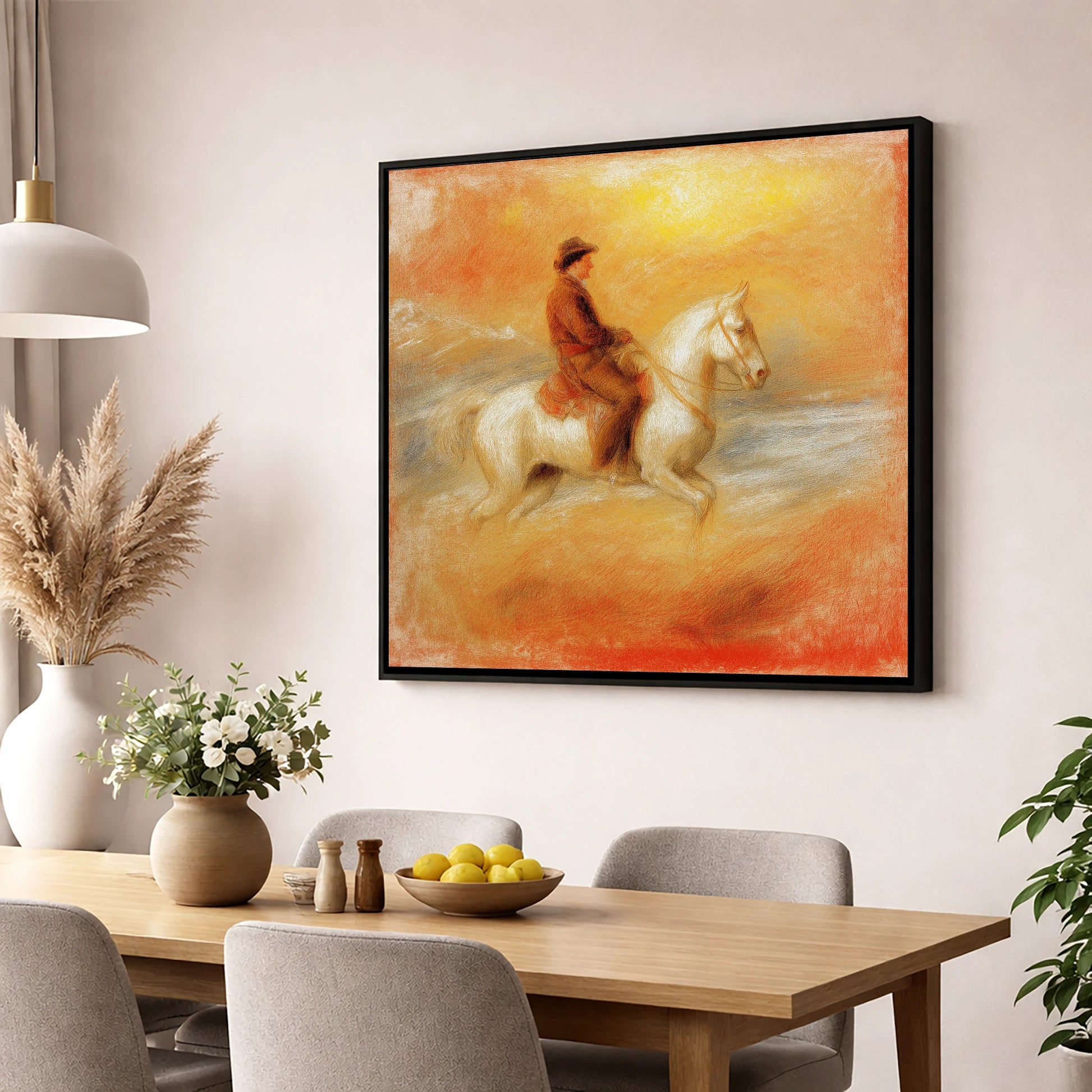 Sundown on the Plains western horse wall art displayed in a dining room