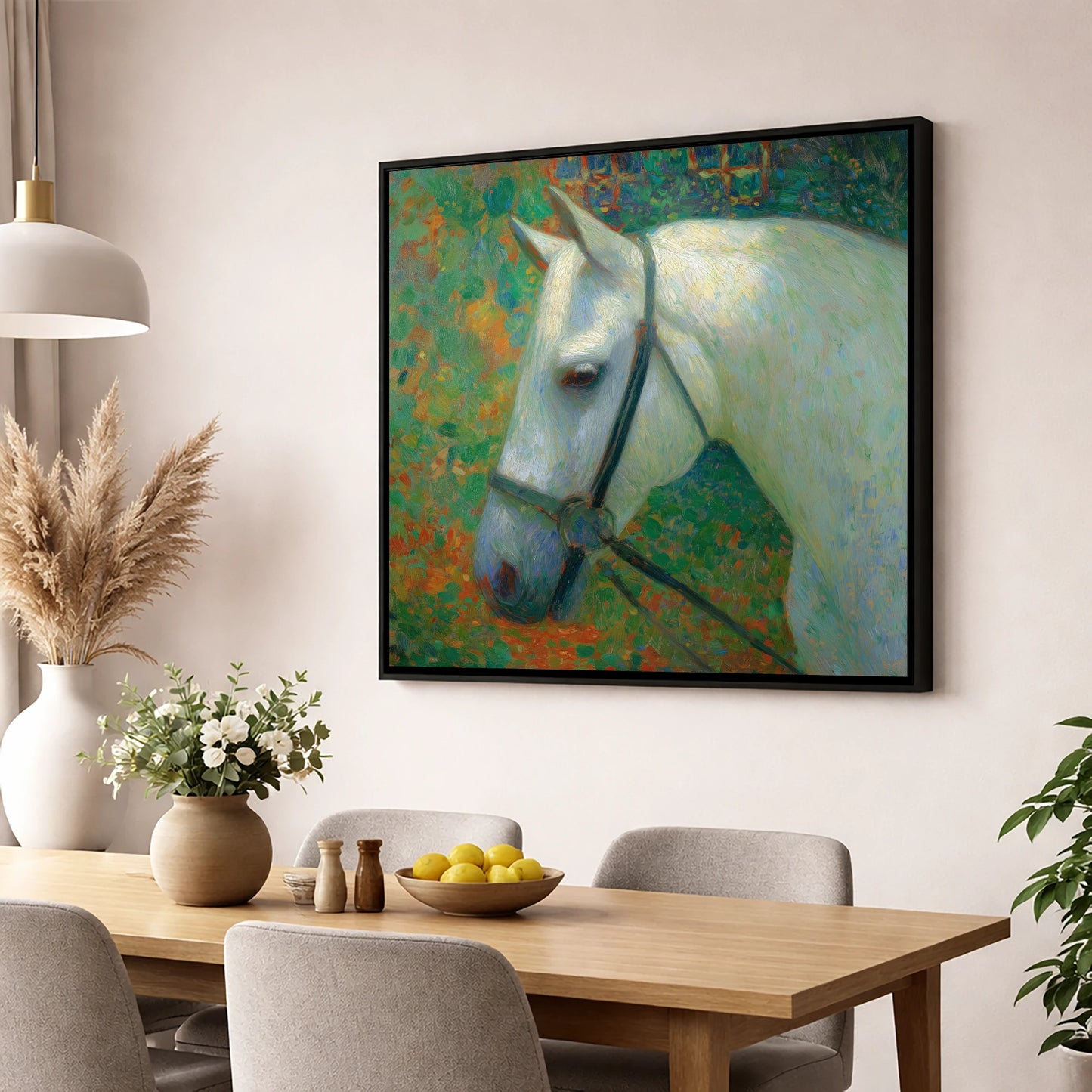 Radiant Grey Portrait horse portrait wall art displayed in a dining room