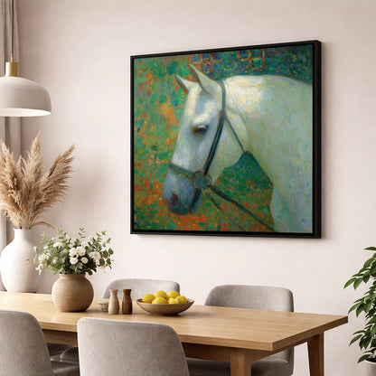 Radiant Grey Portrait horse portrait wall art displayed in a dining room