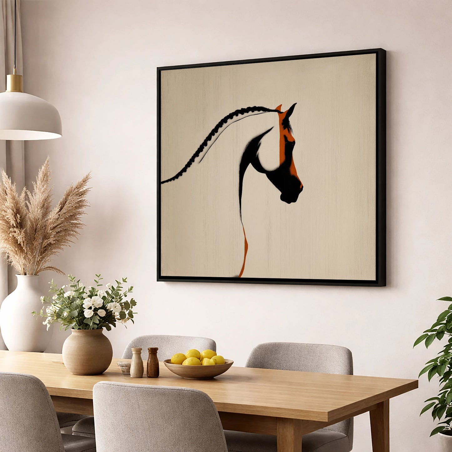 The Plaited Crest horse breed wall art displayed in a dining room