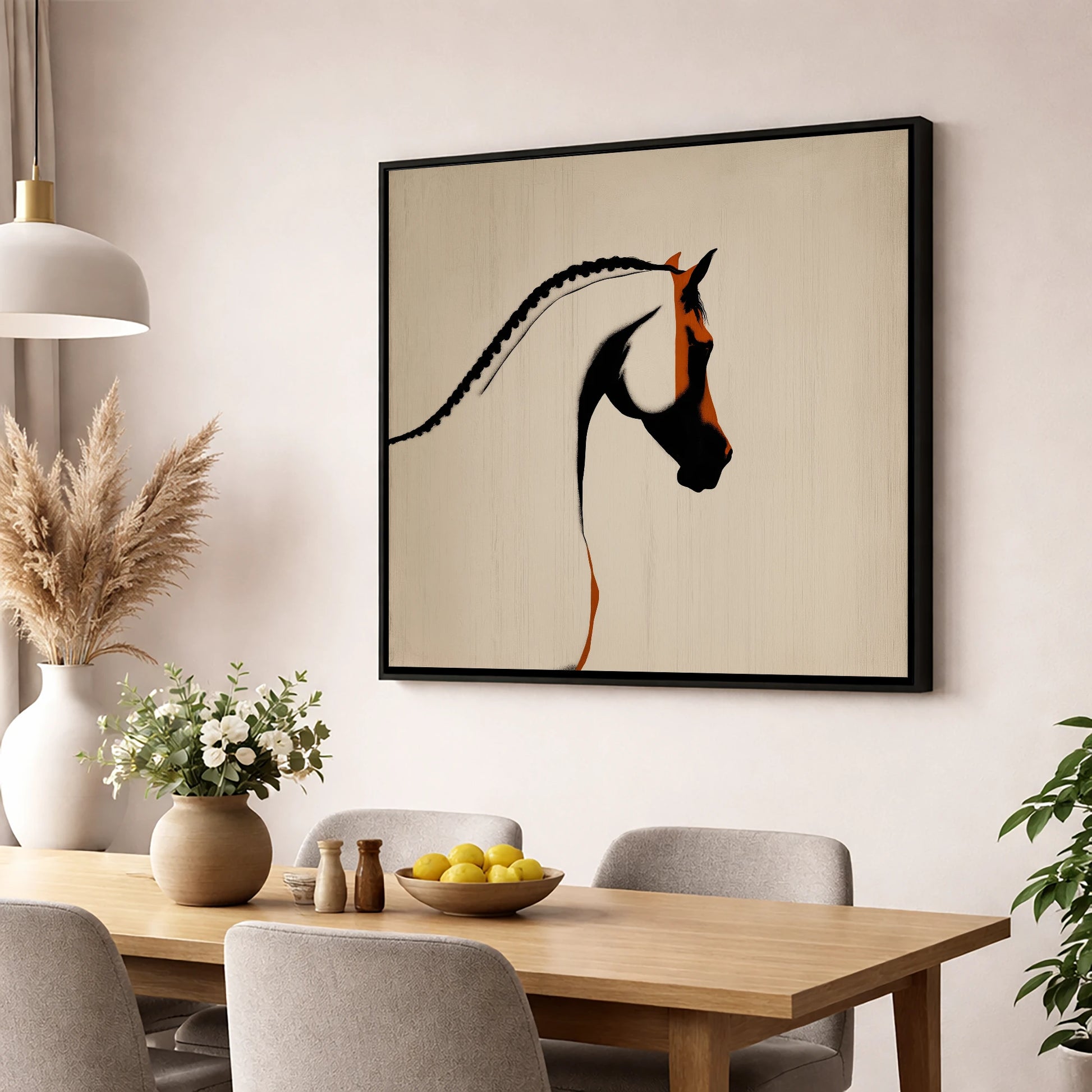 The Plaited Crest horse breed wall art displayed in a dining room