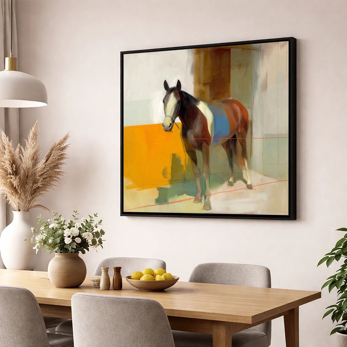 Bold Stable Geometry horse stable wall art displayed in a dining room