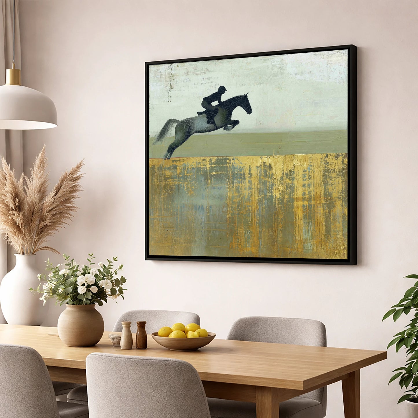 Golden Momentum show jumping horse wall art displayed in a dining room
