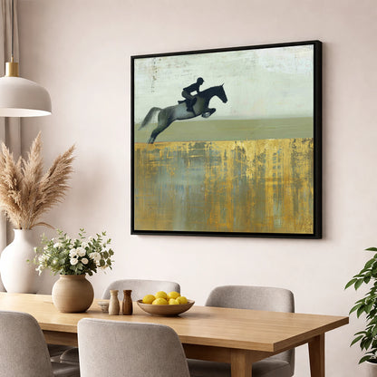 Golden Momentum show jumping horse wall art displayed in a dining room