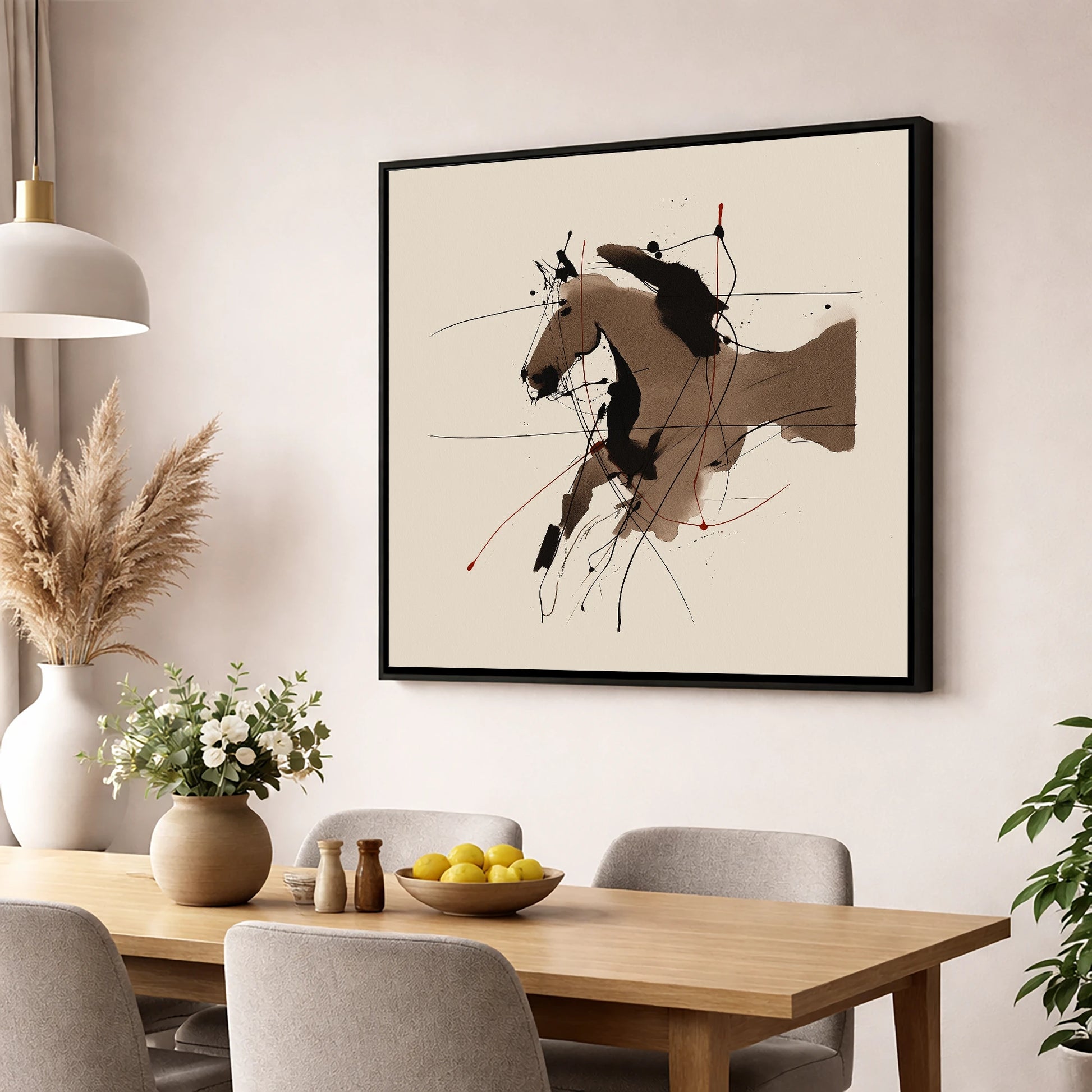 Dynamic Sepia Portrait horse portrait wall art displayed in a dining room