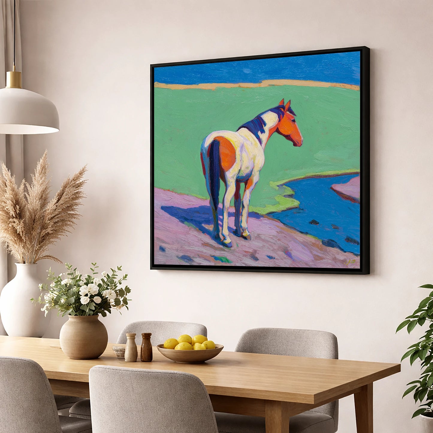 Vibrant Skewbald By The River horse breed wall art displayed in a dining room