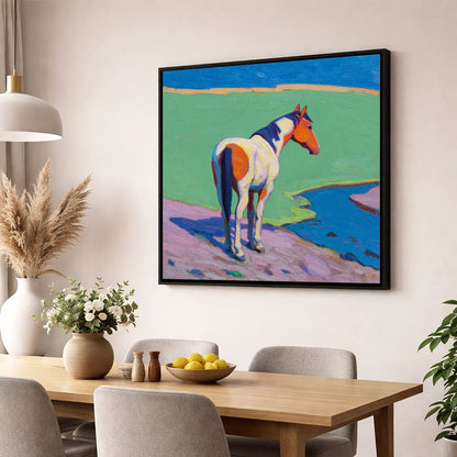 Vibrant Skewbald By The River horse breed wall art displayed in a dining room
