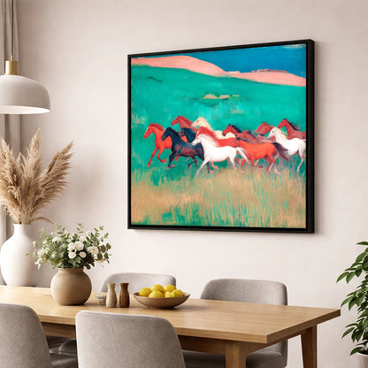 Crimson and Emerald Herd wild horses wall art displayed in a dining room