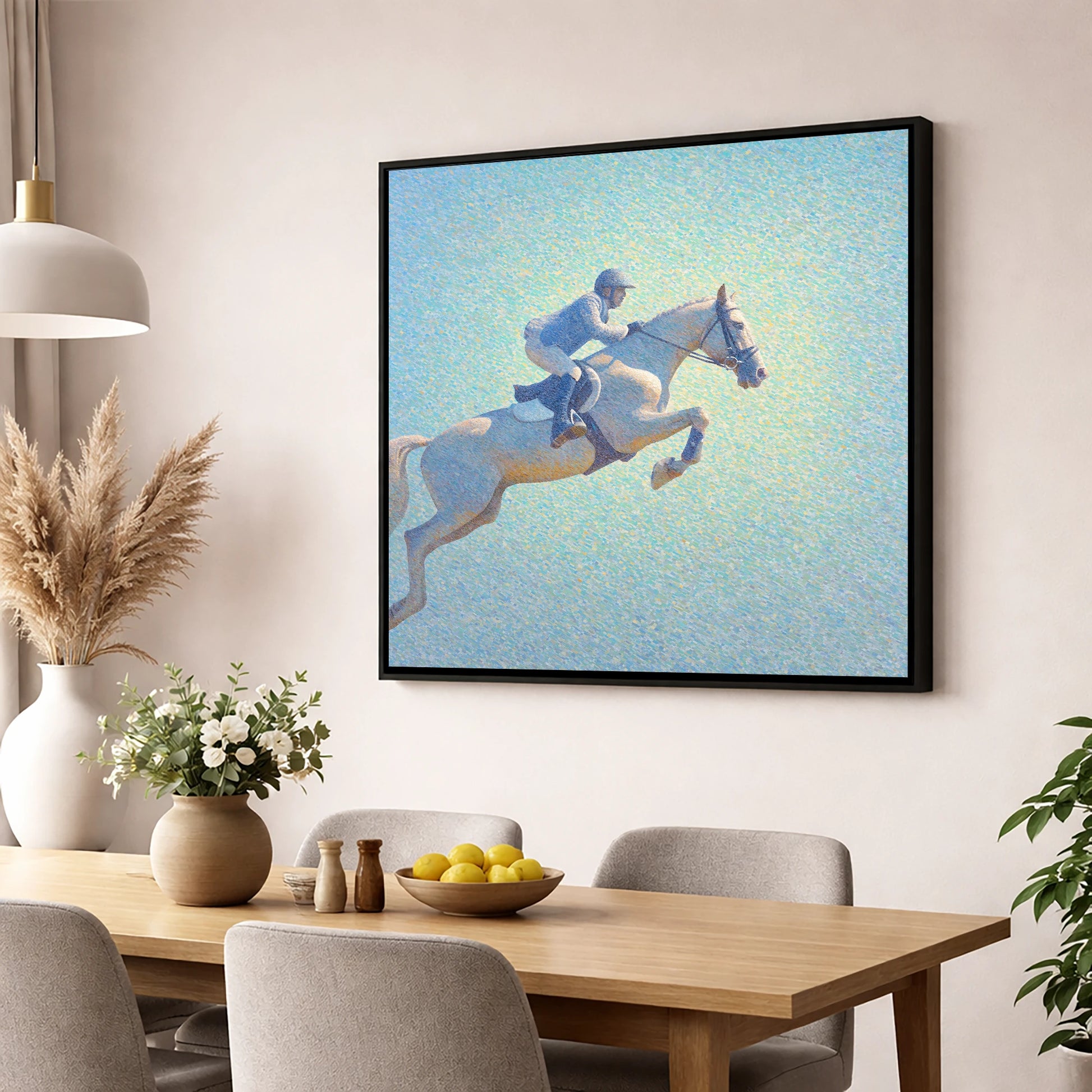 Luminous Ascent show jumping horse wall art displayed in a dining room