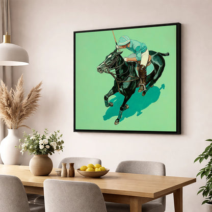 The Teal Chukka polo horse wall art displayed in a dining room