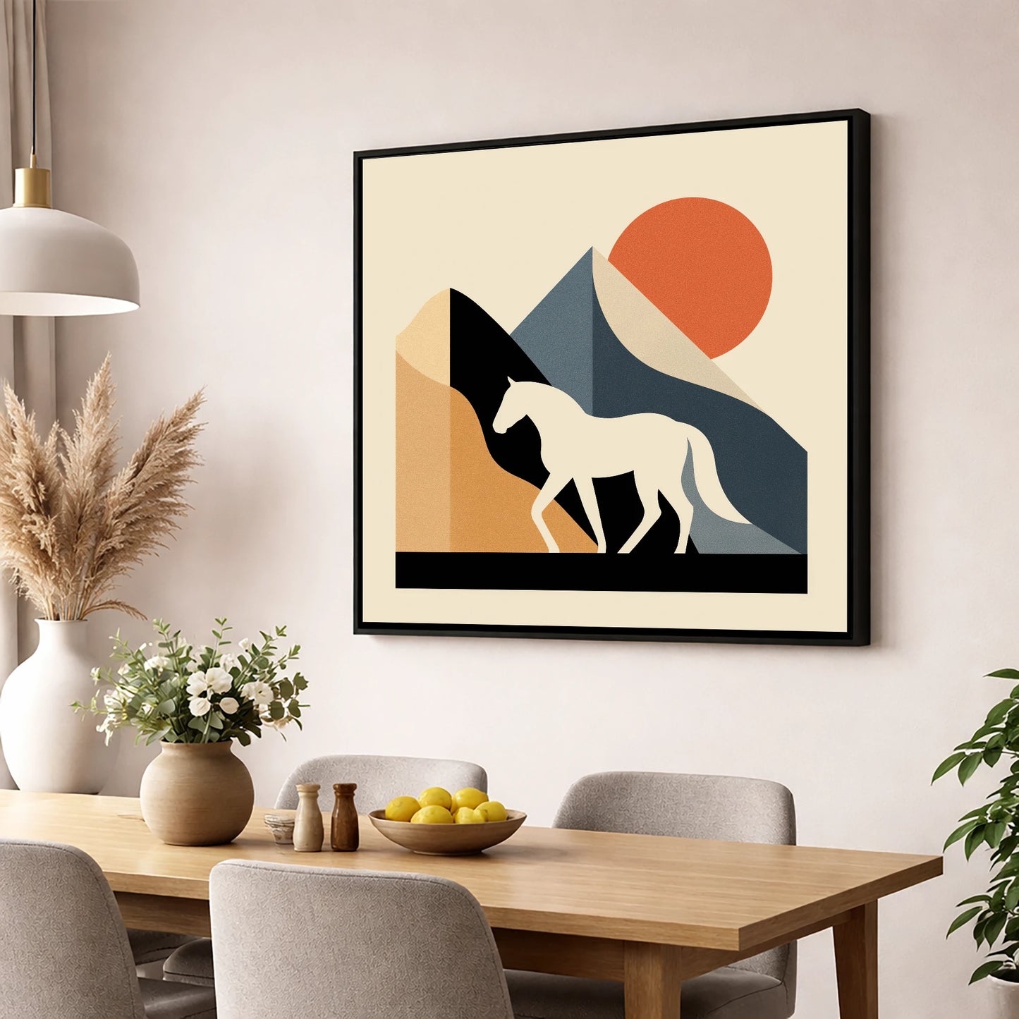 Abstract Equine Sunrise horse landscape wall art displayed in a dining room
