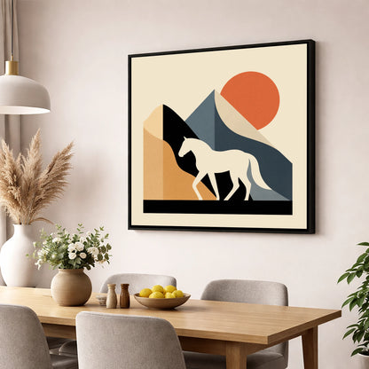 Abstract Equine Sunrise horse landscape wall art displayed in a dining room