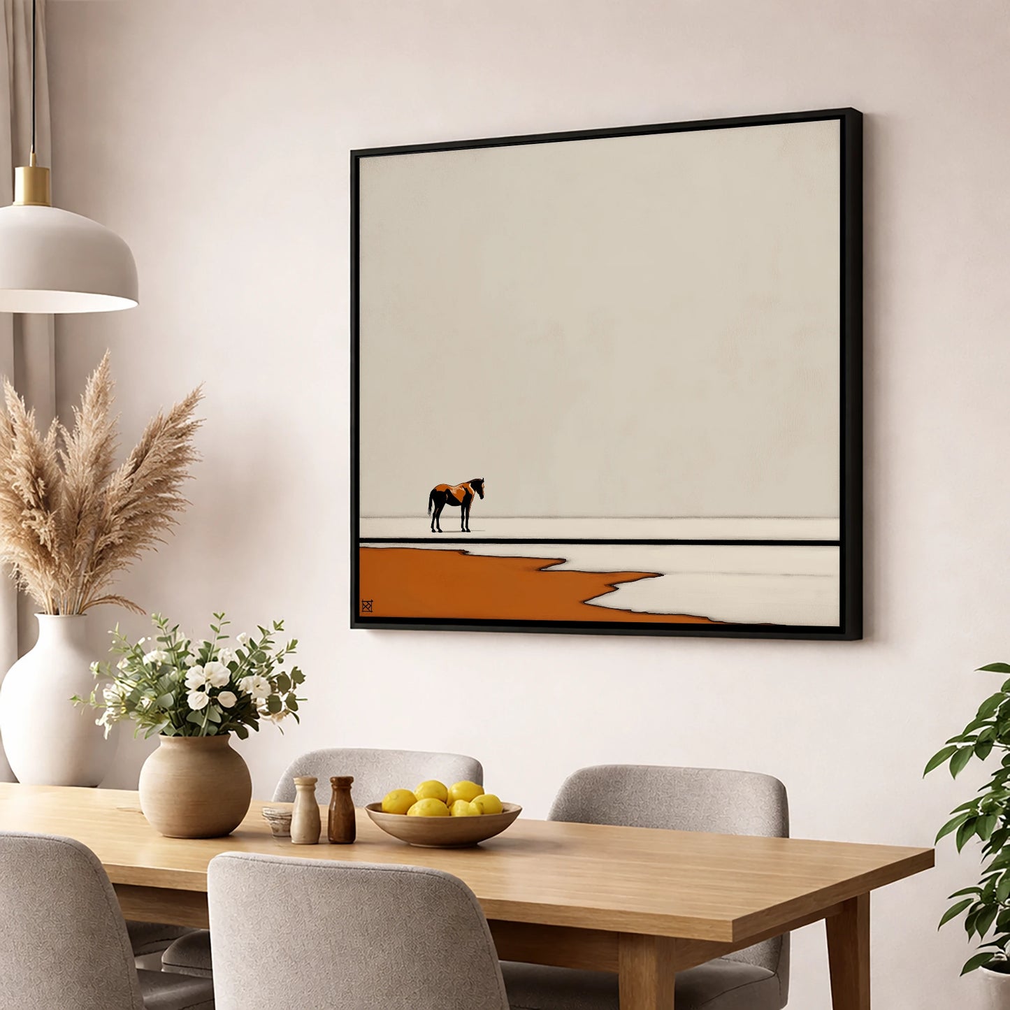 The Amber Horizon horse landscape wall art displayed in a dining room