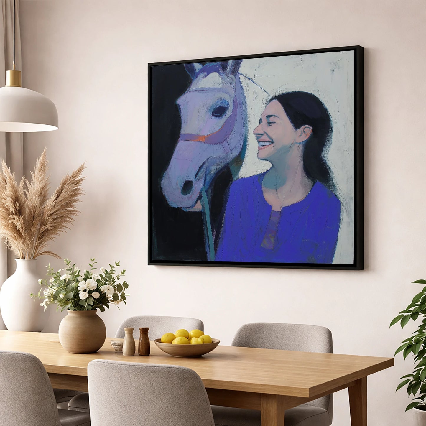 The Royal Blue Bond horse & rider wall art displayed in a dining room