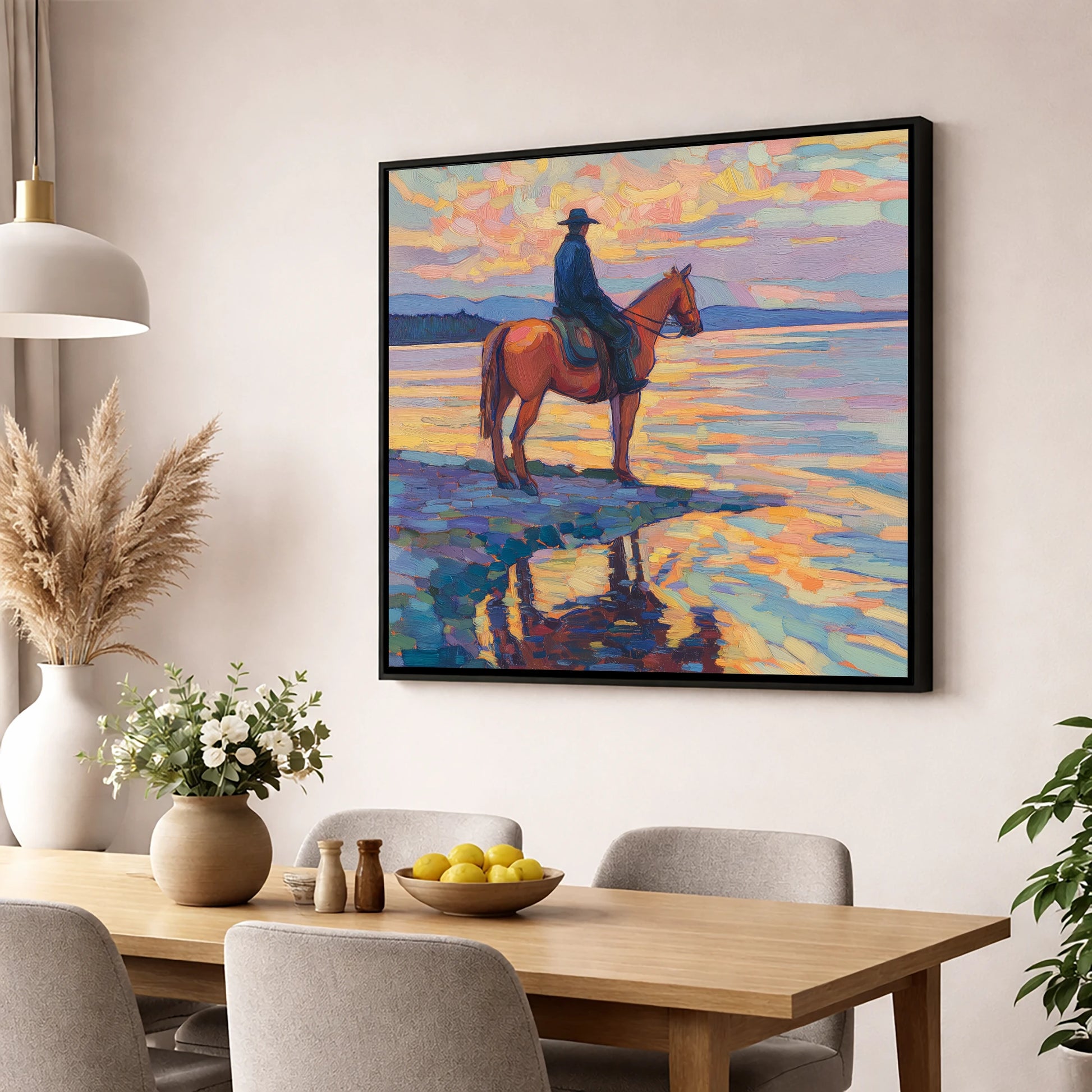 Solitary Sunset Ride beach horse wall art displayed in a dining room