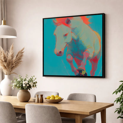Vibrant Equine Spirit horse portrait wall art displayed in a dining room