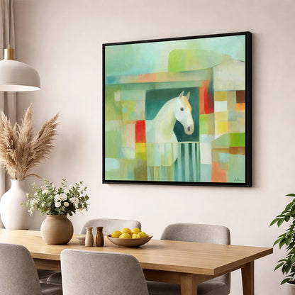 Geometric Stable Grey horse stable wall art displayed in a dining room