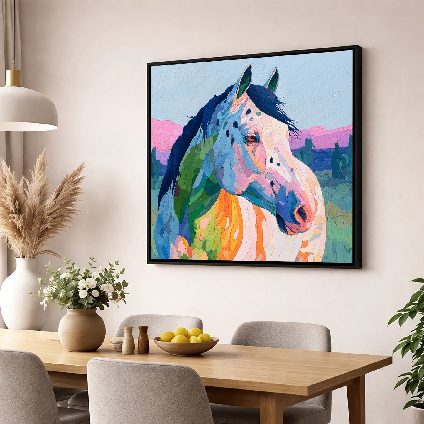 Prismatic Spirit horse breed wall art displayed in a dining room