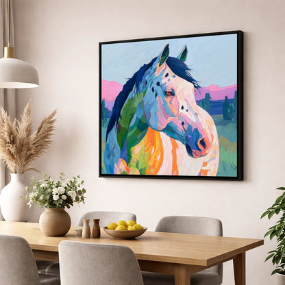 Prismatic Spirit horse breed wall art displayed in a dining room