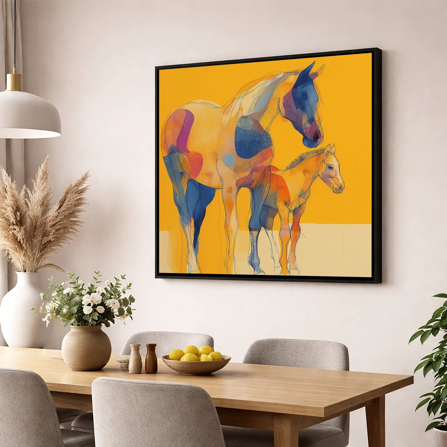 Golden Horizon Connections mare & foal wall art displayed in a dining room