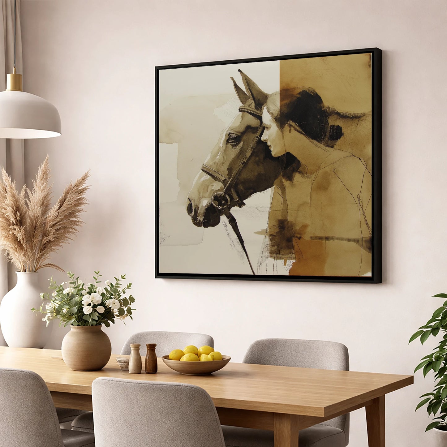 Quiet Connection horse & rider wall art displayed in a dining room