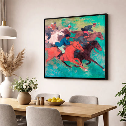 The Crimson Stride racing horse wall art displayed in a dining room