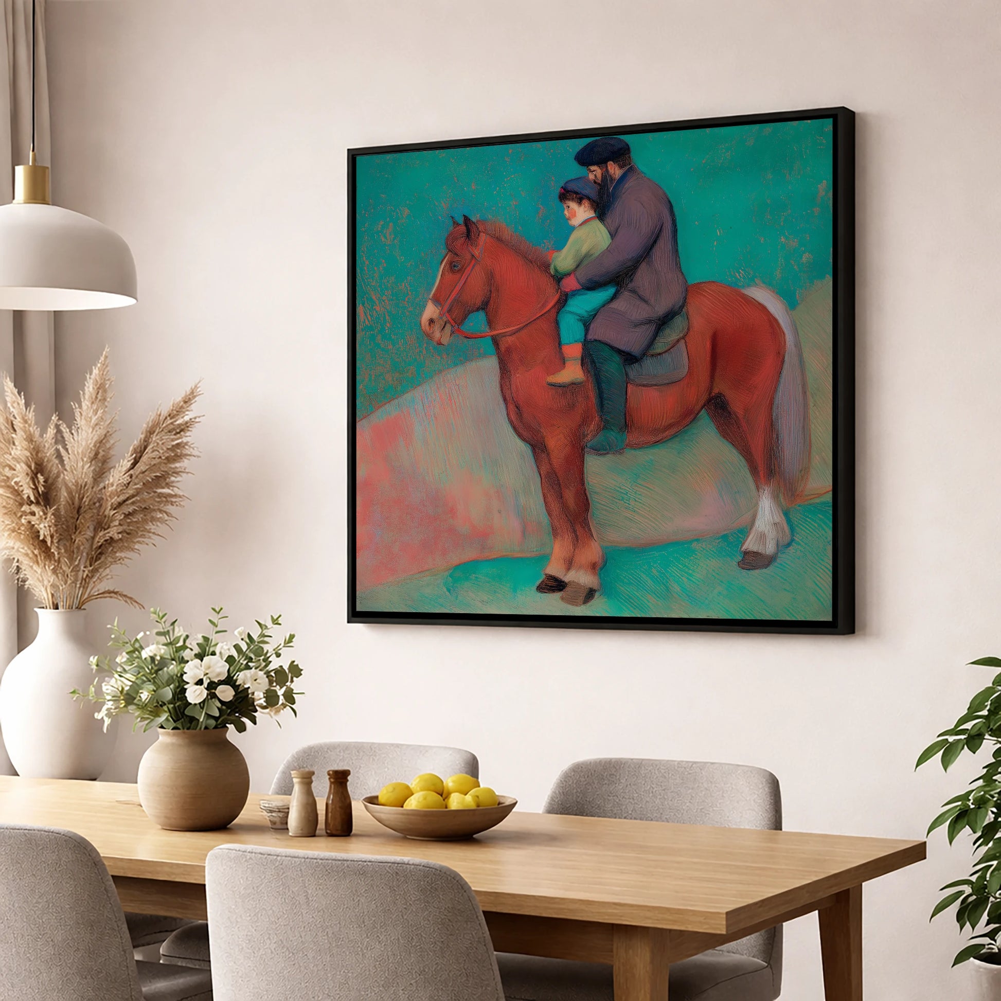 A Shared Journey horse & rider wall art displayed in a dining room