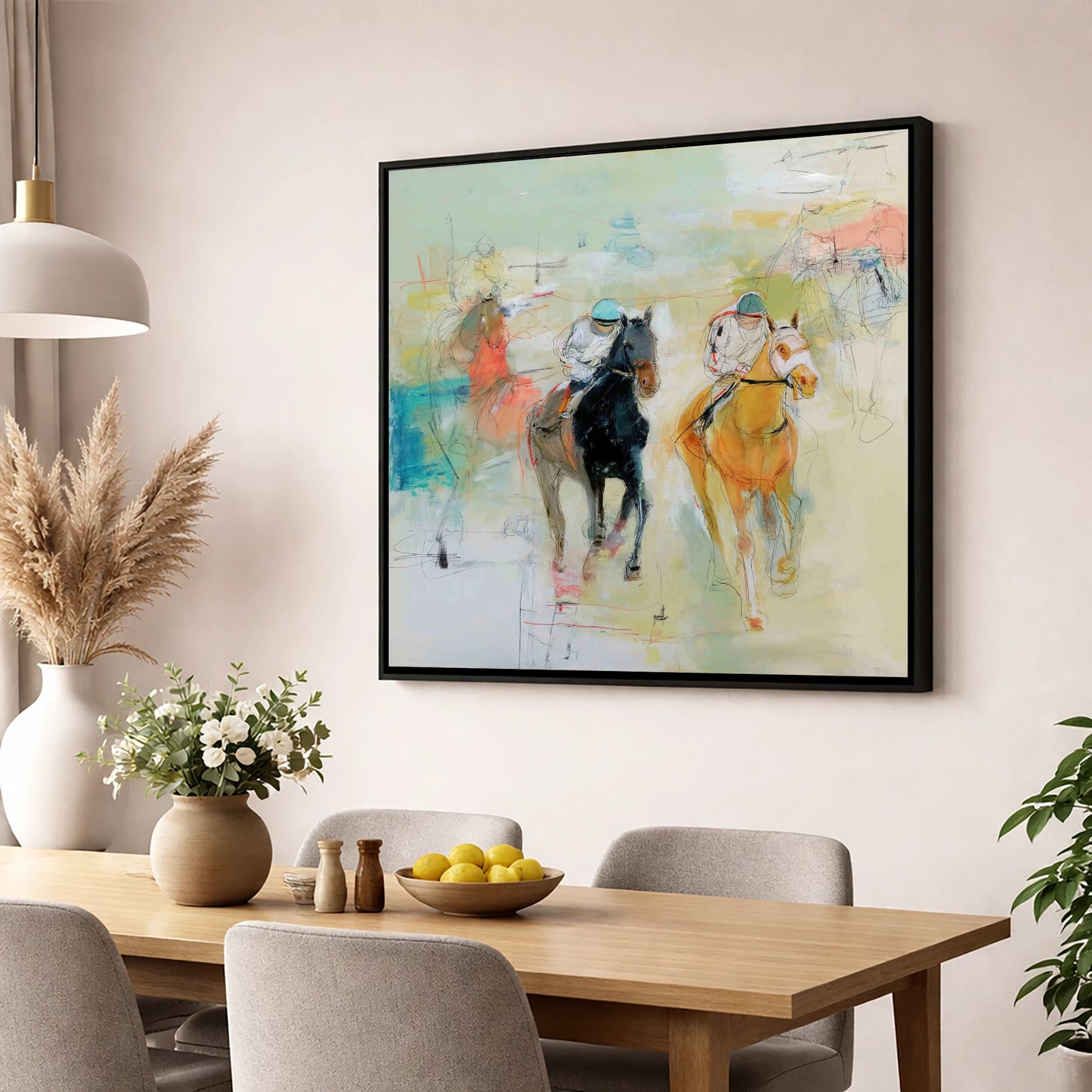 Thundering Strides racing horse wall art displayed in a dining room
