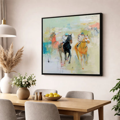 Thundering Strides racing horse wall art displayed in a dining room