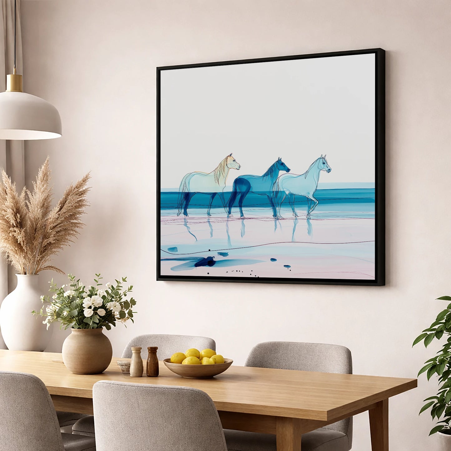 Azure Tide Walkers horse landscape wall art displayed in a dining room