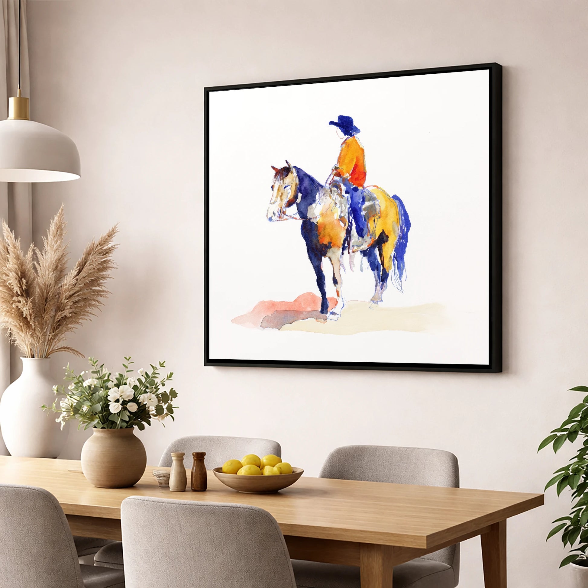 Vivid Western Rider western horse wall art displayed in a dining room