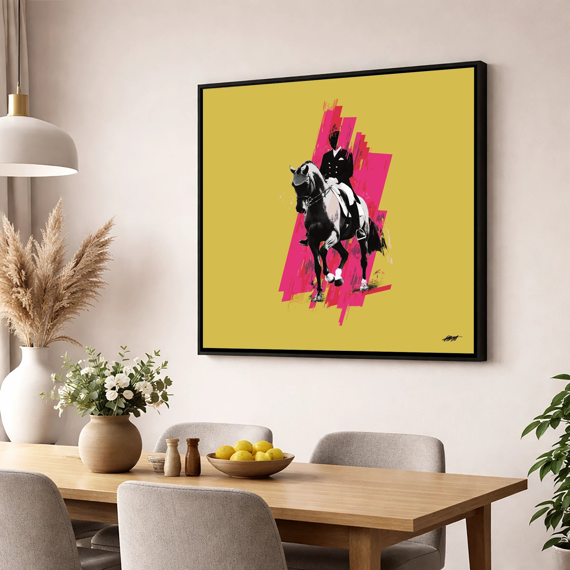 Bold Dressage Rhythm dressage horse wall art displayed in a dining room