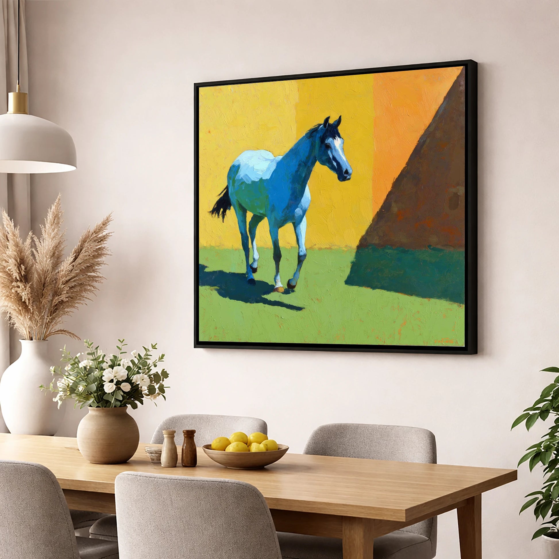 Cerulean Summer Stride horse breed wall art displayed in a dining room