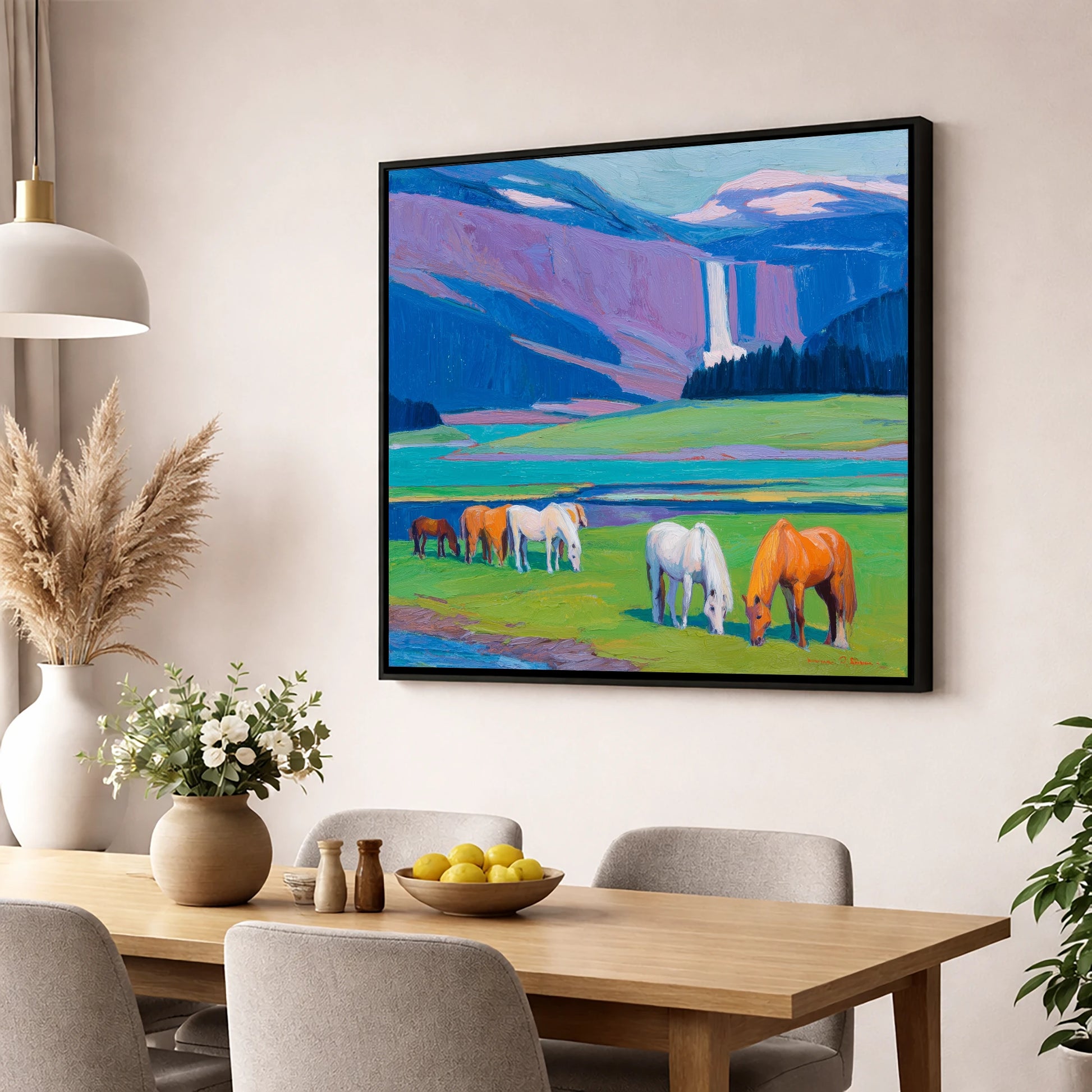 Waterfall Valley Pastures horse landscape wall art displayed in a dining room