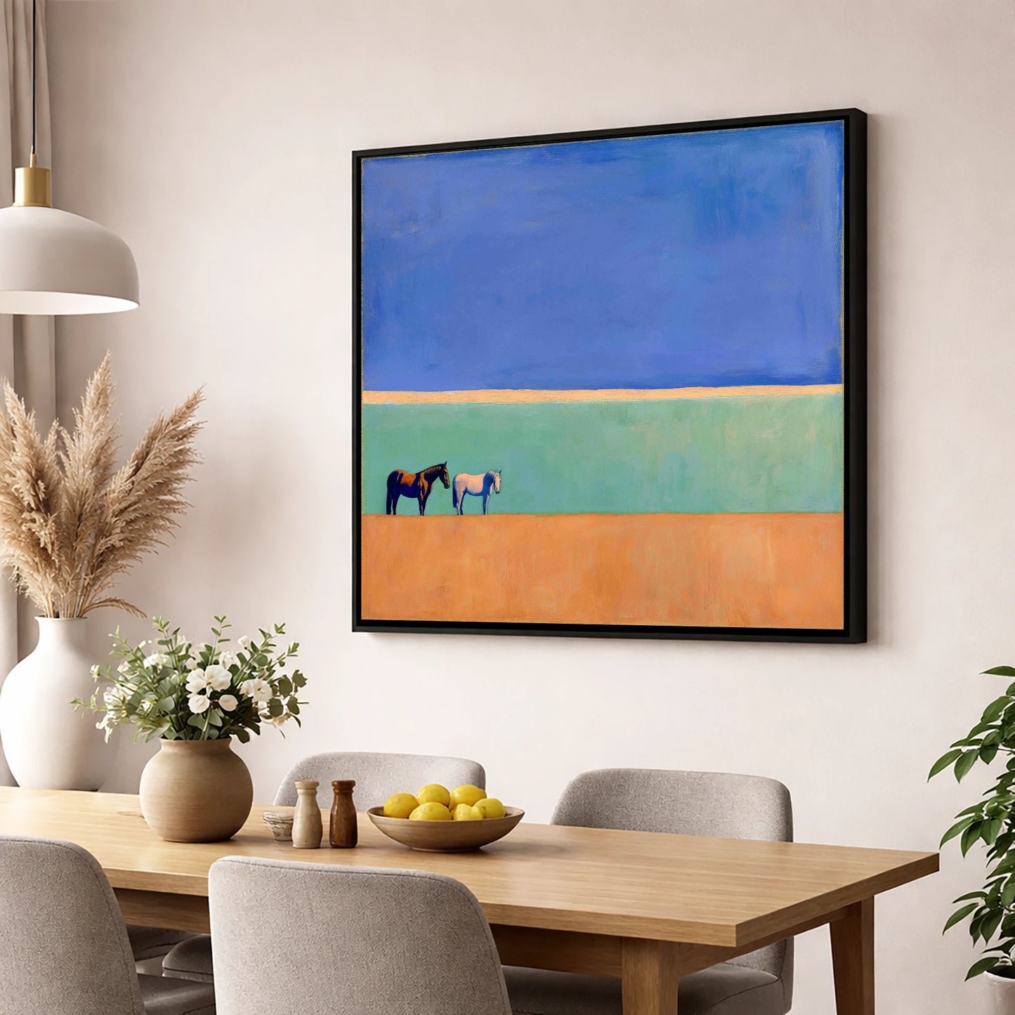 Sunlit Plain horse landscape wall art displayed in a dining room