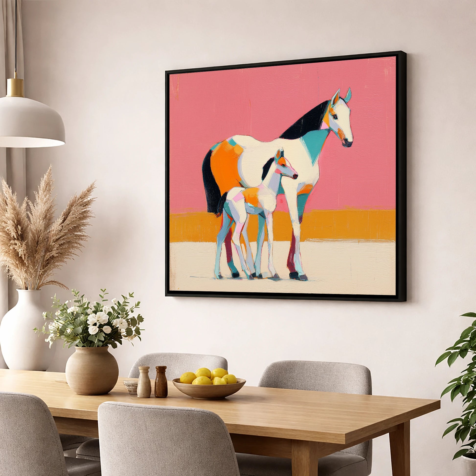 Vivid Painted Bond mare & foal wall art displayed in a dining room