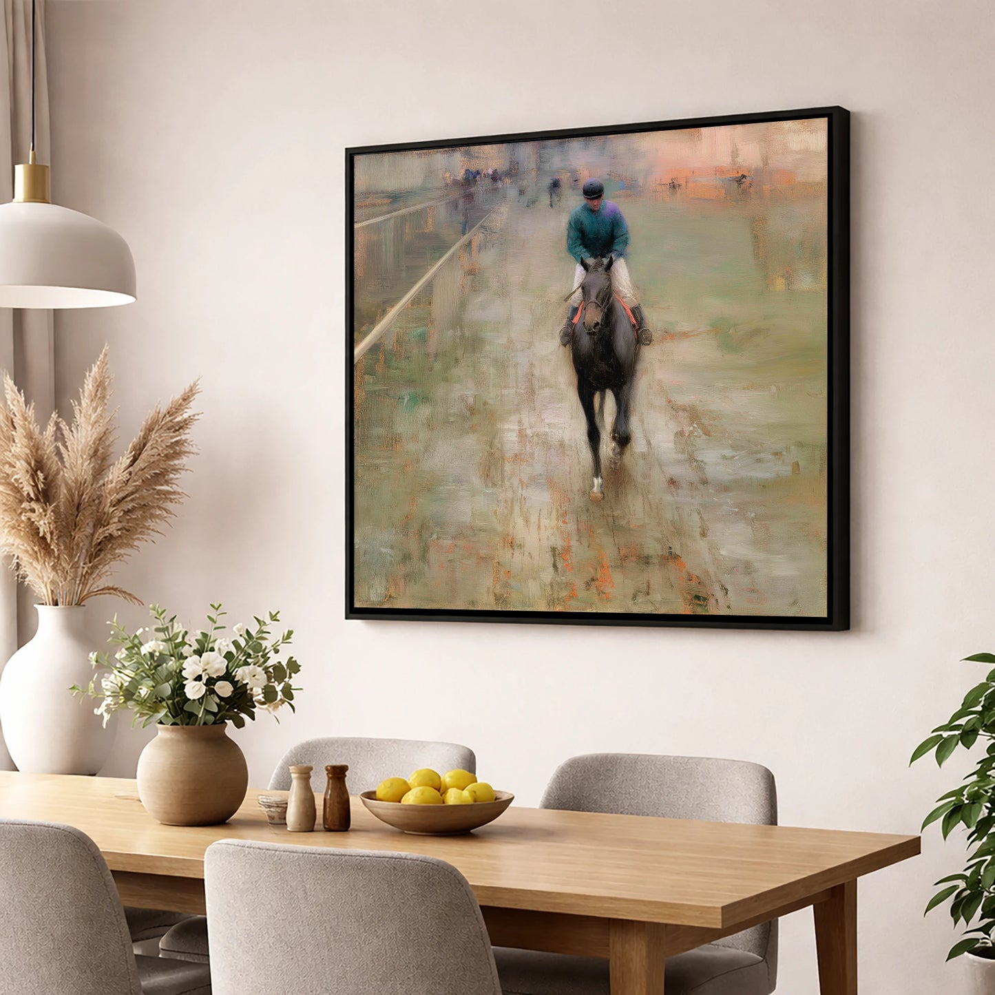 Dawn on the Turf racing horse wall art displayed in a dining room