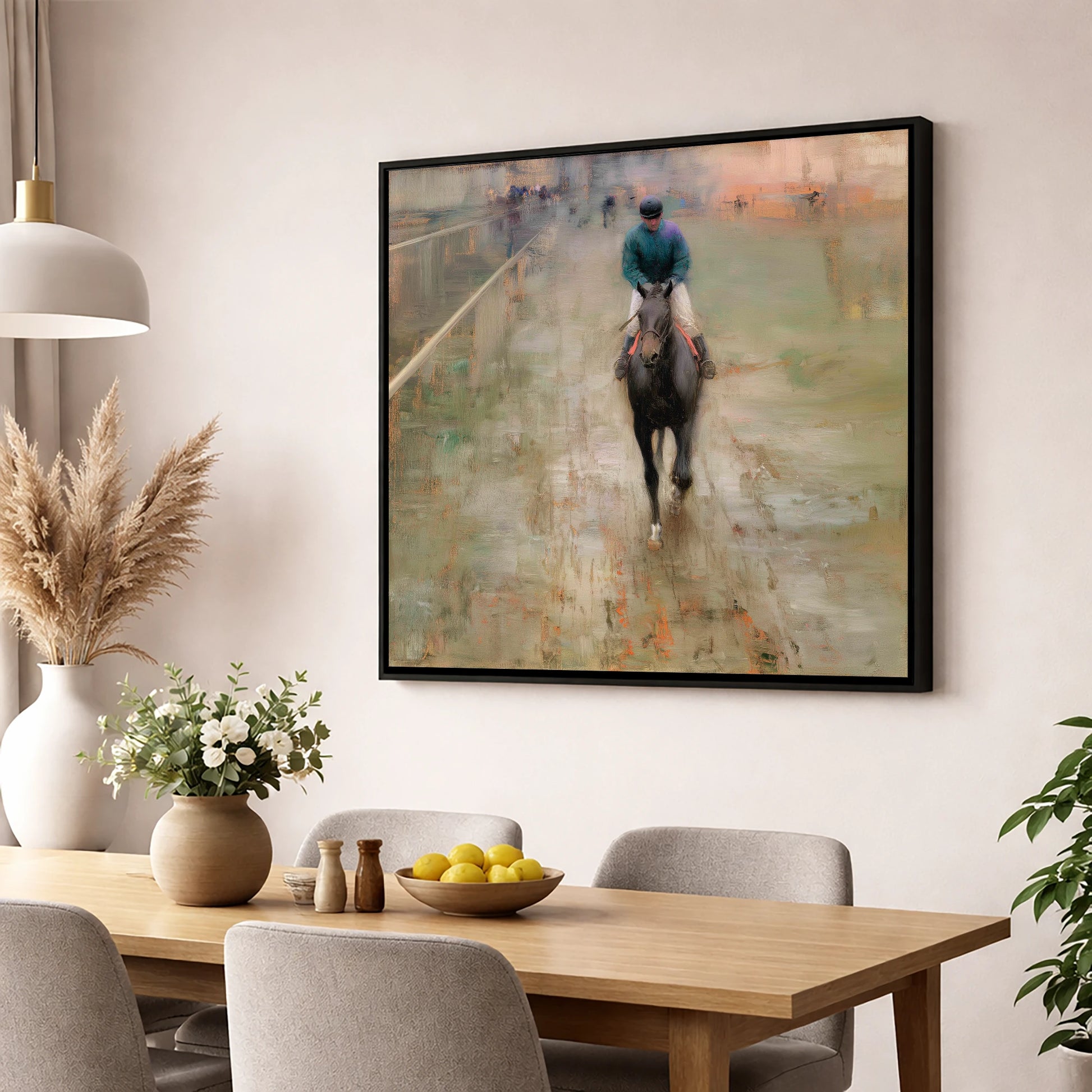 Dawn on the Turf racing horse wall art displayed in a dining room